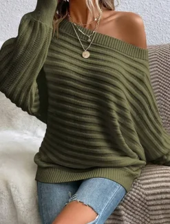 Best Women's Sweater Pullover Sweater Jumper Casual Soft Pure Color Ribbed Off Shoulder Knitted Long Sleeve Regular Tops Knit Outdoor Daily Weekend Black White Fall Women Pullovers & Tops