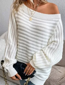Best Women's Sweater Pullover Sweater Jumper Casual Soft Pure Color Ribbed Off Shoulder Knitted Long Sleeve Regular Tops Knit Outdoor Daily Weekend Black White Fall Women Pullovers & Tops