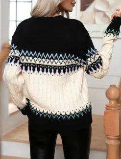 Outlet Women's Sweater Pullover Sweater Jumper Casual Soft Geometric Ribbed Crew Neck Knitted Long Sleeve Regular Tops Knit Outdoor Daily Weekend Fall Winter Women Pullovers & Tops
