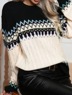 Outlet Women's Sweater Pullover Sweater Jumper Casual Soft Geometric Ribbed Crew Neck Knitted Long Sleeve Regular Tops Knit Outdoor Daily Weekend Fall Winter Women Pullovers & Tops