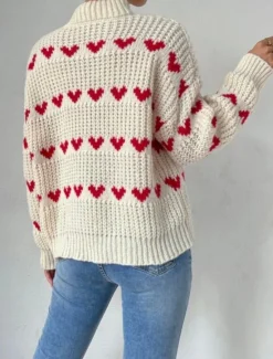 New Women's Sweater Pullover Sweater Jumper Casual Soft Heart Ribbed Turtleneck Knitted Long Sleeve Regular Tops Knit Outdoor Daily Weekend Fall Winter Women Pullovers & Tops