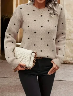 Outlet Women's Sweater Pullover Sweater Jumper Casual Soft Polka Dot Ribbed Crew Neck Knitted Long Sleeve Regular Tops Knit Outdoor Daily Weekend Fall Winter Women Pullovers & Tops