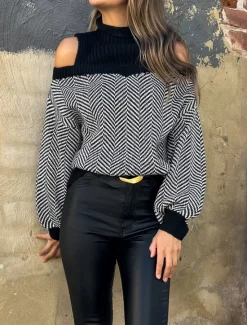 Hot Women's Sweater Pullover Sweater Jumper Casual Soft Geometric Ribbed Turtleneck Knitted Cold Shoulder Long Sleeve Regular Tops Knit Outdoor Daily Weekend Fall Winter Women Pullovers & Tops