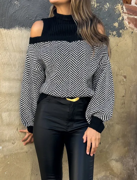 Hot Women's Sweater Pullover Sweater Jumper Casual Soft Geometric Ribbed Turtleneck Knitted Cold Shoulder Long Sleeve Regular Tops Knit Outdoor Daily Weekend Fall Winter Women Pullovers & Tops