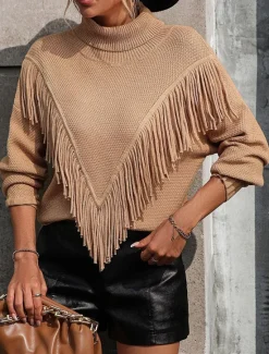 Discount Women's Sweater Pullover Sweater Jumper Casual Sweater Casual Soft Solid Color Ribbed V Neck Tassel Knitted Long Sleeve Regular Tops Knit Outdoor Daily Weekend Blue Khaki Fall Winter Women Pullovers & Tops