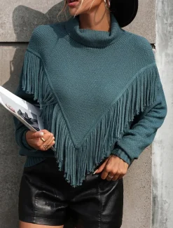 Discount Women's Sweater Pullover Sweater Jumper Casual Sweater Casual Soft Solid Color Ribbed V Neck Tassel Knitted Long Sleeve Regular Tops Knit Outdoor Daily Weekend Blue Khaki Fall Winter Women Pullovers & Tops