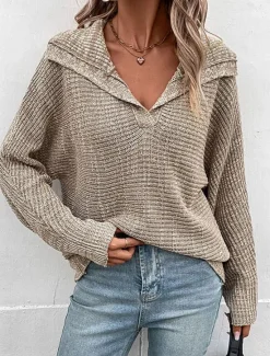Online Women's Sweater Pullover Sweater Jumper Casual Soft Solid Color Ribbed Hooded Knitted Long Sleeve Regular Tops Knit Outdoor Daily Weekend Fall Winter Women Pullovers & Tops