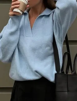 Women's Sweater Pullover Sweater Jumper Casual Soft Pure Color Ribbed Shirt Collar Knitted Long Sleeve Regular Tops Knit Outdoor Daily Weekend White Green Fall Winter Women Pullovers & Tops