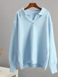 Women's Sweater Pullover Sweater Jumper Casual Soft Pure Color Ribbed Shirt Collar Knitted Long Sleeve Regular Tops Knit Outdoor Daily Weekend White Green Fall Winter Women Pullovers & Tops
