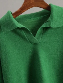 Women's Sweater Pullover Sweater Jumper Casual Soft Pure Color Ribbed Shirt Collar Knitted Long Sleeve Regular Tops Knit Outdoor Daily Weekend White Green Fall Winter Women Pullovers & Tops