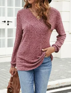 Online Women's Sweater Pullover Sweater Jumper Casual Soft Pure Color Ribbed V Neck Knitted Long Sleeve Regular Tops Knit Outdoor Daily Weekend Black Fuchsia Fall Winter Women Pullovers & Tops