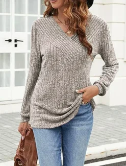 Online Women's Sweater Pullover Sweater Jumper Casual Soft Pure Color Ribbed V Neck Knitted Long Sleeve Regular Tops Knit Outdoor Daily Weekend Black Fuchsia Fall Winter Women Pullovers & Tops