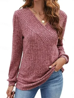 Online Women's Sweater Pullover Sweater Jumper Casual Soft Pure Color Ribbed V Neck Knitted Long Sleeve Regular Tops Knit Outdoor Daily Weekend Black Fuchsia Fall Winter Women Pullovers & Tops