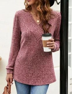 Online Women's Sweater Pullover Sweater Jumper Casual Soft Pure Color Ribbed V Neck Knitted Long Sleeve Regular Tops Knit Outdoor Daily Weekend Black Fuchsia Fall Winter Women Pullovers & Tops