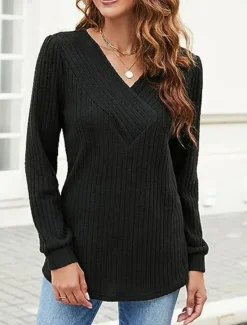 Online Women's Sweater Pullover Sweater Jumper Casual Soft Pure Color Ribbed V Neck Knitted Long Sleeve Regular Tops Knit Outdoor Daily Weekend Black Fuchsia Fall Winter Women Pullovers & Tops