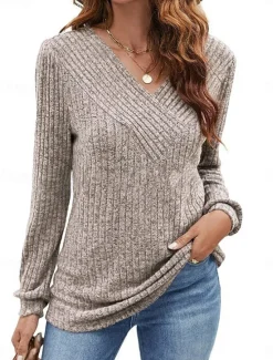 Online Women's Sweater Pullover Sweater Jumper Casual Soft Pure Color Ribbed V Neck Knitted Long Sleeve Regular Tops Knit Outdoor Daily Weekend Black Fuchsia Fall Winter Women Pullovers & Tops