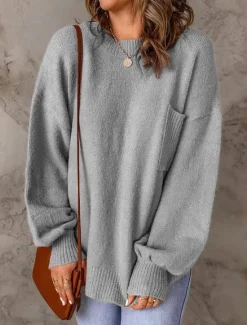 Discount Women's Sweater Pullover Sweater Jumper Casual Soft Pure Color Ribbed Crew Neck Pocket Knitted Long Sleeve Regular Tops Knit Outdoor Daily Weekend Fall Winter Women Pullovers & Tops