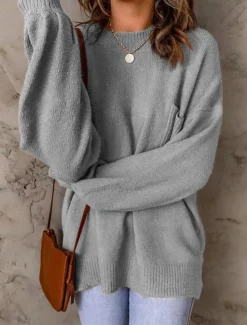 Discount Women's Sweater Pullover Sweater Jumper Casual Soft Pure Color Ribbed Crew Neck Pocket Knitted Long Sleeve Regular Tops Knit Outdoor Daily Weekend Fall Winter Women Pullovers & Tops