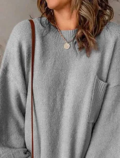 Discount Women's Sweater Pullover Sweater Jumper Casual Soft Pure Color Ribbed Crew Neck Pocket Knitted Long Sleeve Regular Tops Knit Outdoor Daily Weekend Fall Winter Women Pullovers & Tops