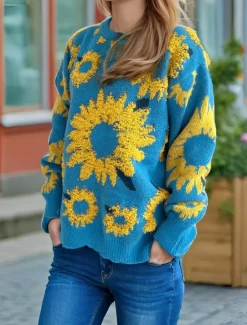 Online Women's Sweater Pullover Sweater Jumper Casual Soft Floral Ribbed Crew Neck Knitted Long Sleeve Regular Tops Knit Outdoor Daily Weekend Black Blue Fall Winter Women Pullovers & Tops