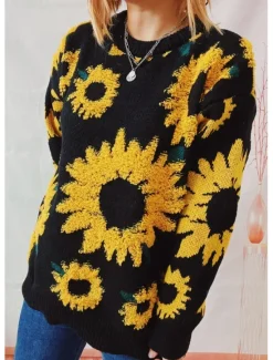 Online Women's Sweater Pullover Sweater Jumper Casual Soft Floral Ribbed Crew Neck Knitted Long Sleeve Regular Tops Knit Outdoor Daily Weekend Black Blue Fall Winter Women Pullovers & Tops