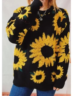 Online Women's Sweater Pullover Sweater Jumper Casual Soft Floral Ribbed Crew Neck Knitted Long Sleeve Regular Tops Knit Outdoor Daily Weekend Black Blue Fall Winter Women Pullovers & Tops
