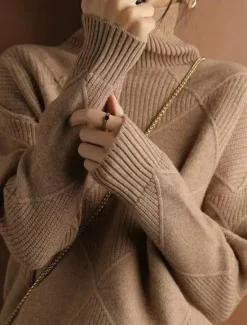 New Women's Sweater Pullover Sweater Jumper Casual Soft Pure Color Ribbed Turtleneck Knitted Long Sleeve Regular Tops Knit Outdoor Daily Weekend Black Yellow Fall Winter Women Pullovers & Tops