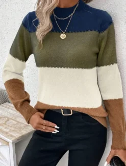 Online Women's Sweater Pullover Sweater Jumper Casual Soft Striped Ribbed Crew Neck Knitted Long Sleeve Regular Tops Knit Outdoor Daily Weekend Camel Apricot Fall Winter Women Pullovers & Tops