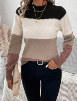 Online Women's Sweater Pullover Sweater Jumper Casual Soft Striped Ribbed Crew Neck Knitted Long Sleeve Regular Tops Knit Outdoor Daily Weekend Camel Apricot Fall Winter Women Pullovers & Tops