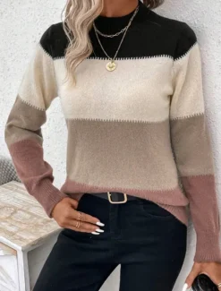 Online Women's Sweater Pullover Sweater Jumper Casual Soft Striped Ribbed Crew Neck Knitted Long Sleeve Regular Tops Knit Outdoor Daily Weekend Camel Apricot Fall Winter Women Pullovers & Tops