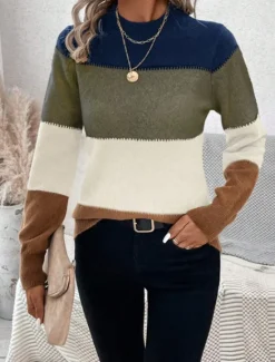 Online Women's Sweater Pullover Sweater Jumper Casual Soft Striped Ribbed Crew Neck Knitted Long Sleeve Regular Tops Knit Outdoor Daily Weekend Camel Apricot Fall Winter Women Pullovers & Tops