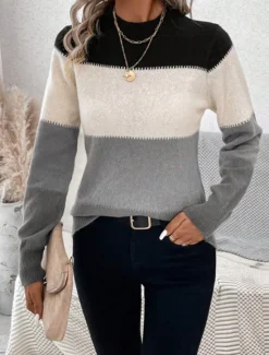 Online Women's Sweater Pullover Sweater Jumper Casual Soft Striped Ribbed Crew Neck Knitted Long Sleeve Regular Tops Knit Outdoor Daily Weekend Camel Apricot Fall Winter Women Pullovers & Tops