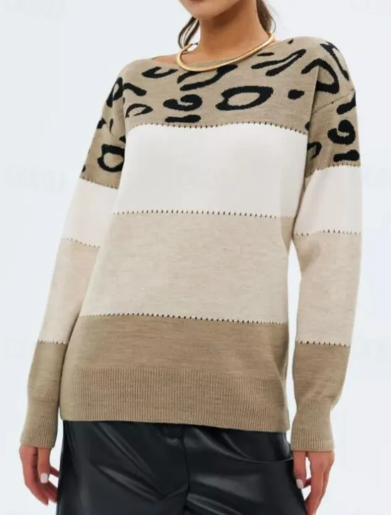 Discount Women's Sweater Pullover Sweater Jumper Casual Soft Leopard Ribbed Crew Neck Knitted Print Long Sleeve Regular Tops Knit Outdoor Daily Weekend Yellow Pink Fall Winter Women Pullovers & Tops