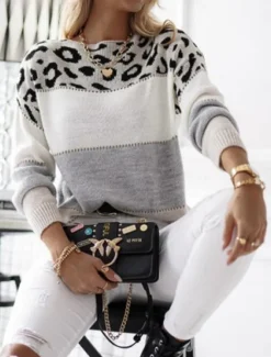 Discount Women's Sweater Pullover Sweater Jumper Casual Soft Leopard Ribbed Crew Neck Knitted Print Long Sleeve Regular Tops Knit Outdoor Daily Weekend Yellow Pink Fall Winter Women Pullovers & Tops