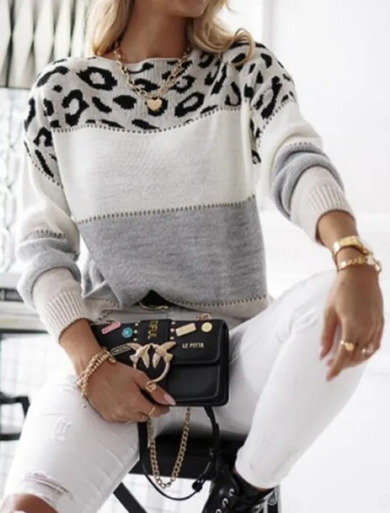 Discount Women's Sweater Pullover Sweater Jumper Casual Soft Leopard Ribbed Crew Neck Knitted Print Long Sleeve Regular Tops Knit Outdoor Daily Weekend Yellow Pink Fall Winter Women Pullovers & Tops