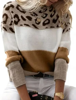 Discount Women's Sweater Pullover Sweater Jumper Casual Soft Leopard Ribbed Crew Neck Knitted Print Long Sleeve Regular Tops Knit Outdoor Daily Weekend Yellow Pink Fall Winter Women Pullovers & Tops