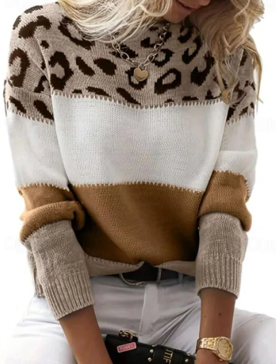 Discount Women's Sweater Pullover Sweater Jumper Casual Soft Leopard Ribbed Crew Neck Knitted Print Long Sleeve Regular Tops Knit Outdoor Daily Weekend Yellow Pink Fall Winter Women Pullovers & Tops