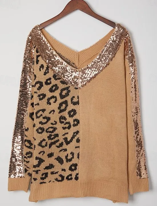 Hot Women's Sweater Pullover Sweater Jumper Casual Soft Leopard Ribbed V Neck Knitted Long Sleeve Regular Tops Knit Outdoor Daily Weekend Pink Camel Fall Winter Women Pullovers & Tops