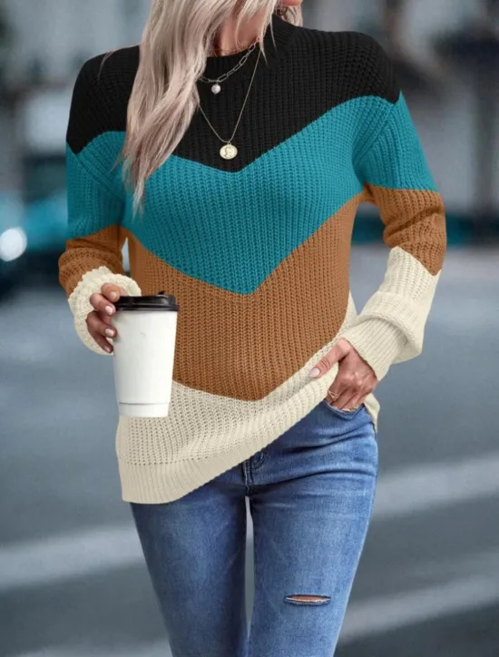New Women's Sweater Pullover Sweater Jumper Casual Soft Color Block Ribbed Crew Neck Knitted Long Sleeve Regular Tops Knit Outdoor Daily Weekend Fuchsia Green Fall Winter Women Pullovers & Tops