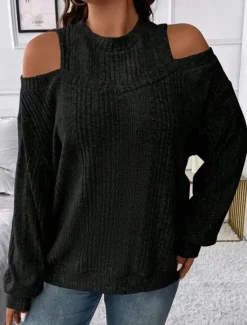 Clearance Women's Sweater Pullover Sweater Jumper Casual Soft Striped Ribbed Crew Neck Knitted Cold Shoulder Long Sleeve Regular Tops Knit Outdoor Daily Weekend Black Red Fall Winter Women Pullovers & Tops
