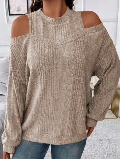 Clearance Women's Sweater Pullover Sweater Jumper Casual Soft Striped Ribbed Crew Neck Knitted Cold Shoulder Long Sleeve Regular Tops Knit Outdoor Daily Weekend Black Red Fall Winter Women Pullovers & Tops