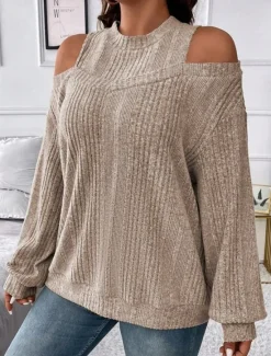 Clearance Women's Sweater Pullover Sweater Jumper Casual Soft Striped Ribbed Crew Neck Knitted Cold Shoulder Long Sleeve Regular Tops Knit Outdoor Daily Weekend Black Red Fall Winter Women Pullovers & Tops