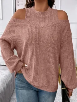 Clearance Women's Sweater Pullover Sweater Jumper Casual Soft Striped Ribbed Crew Neck Knitted Cold Shoulder Long Sleeve Regular Tops Knit Outdoor Daily Weekend Black Red Fall Winter Women Pullovers & Tops