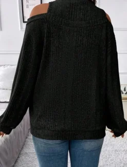 Clearance Women's Sweater Pullover Sweater Jumper Casual Soft Striped Ribbed Crew Neck Knitted Cold Shoulder Long Sleeve Regular Tops Knit Outdoor Daily Weekend Black Red Fall Winter Women Pullovers & Tops