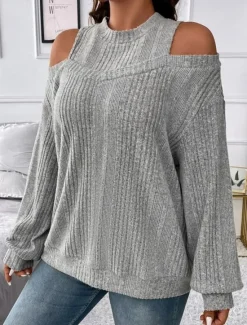 Clearance Women's Sweater Pullover Sweater Jumper Casual Soft Striped Ribbed Crew Neck Knitted Cold Shoulder Long Sleeve Regular Tops Knit Outdoor Daily Weekend Black Red Fall Winter Women Pullovers & Tops