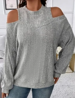 Clearance Women's Sweater Pullover Sweater Jumper Casual Soft Striped Ribbed Crew Neck Knitted Cold Shoulder Long Sleeve Regular Tops Knit Outdoor Daily Weekend Black Red Fall Winter Women Pullovers & Tops
