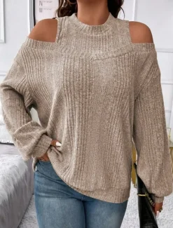 Clearance Women's Sweater Pullover Sweater Jumper Casual Soft Striped Ribbed Crew Neck Knitted Cold Shoulder Long Sleeve Regular Tops Knit Outdoor Daily Weekend Black Red Fall Winter Women Pullovers & Tops