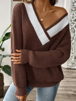 Discount Women's Sweater Pullover Sweater Jumper Casual Soft Pure Color Ribbed V Neck Knitted Long Sleeve Regular Tops Knit Outdoor Daily Weekend Black Navy Blue Fall Winter Women Pullovers & Tops