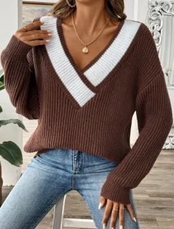 Discount Women's Sweater Pullover Sweater Jumper Casual Soft Pure Color Ribbed V Neck Knitted Long Sleeve Regular Tops Knit Outdoor Daily Weekend Black Navy Blue Fall Winter Women Pullovers & Tops