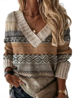 Outlet Women's Sweater Pullover Sweater Jumper Vintage Style Casual Soft Geometric Ribbed V Neck Knitted Long Sleeve Regular Tops Knit Outdoor Daily Weekend Fall Winter Women Pullovers & Tops